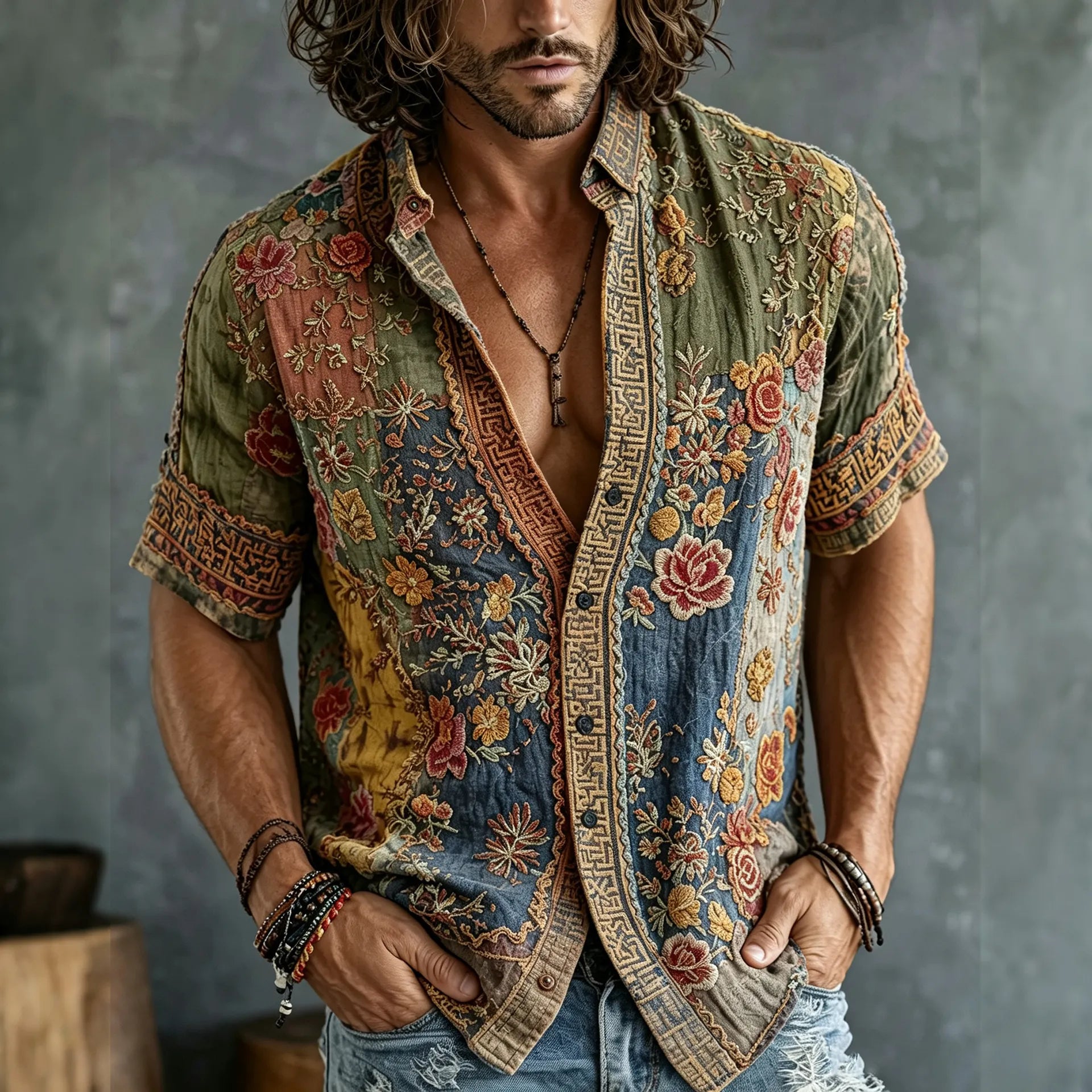 Men's Vintage Floral Patchwork Embroidered Art Print Flowy Linen Blend Casual Shirts