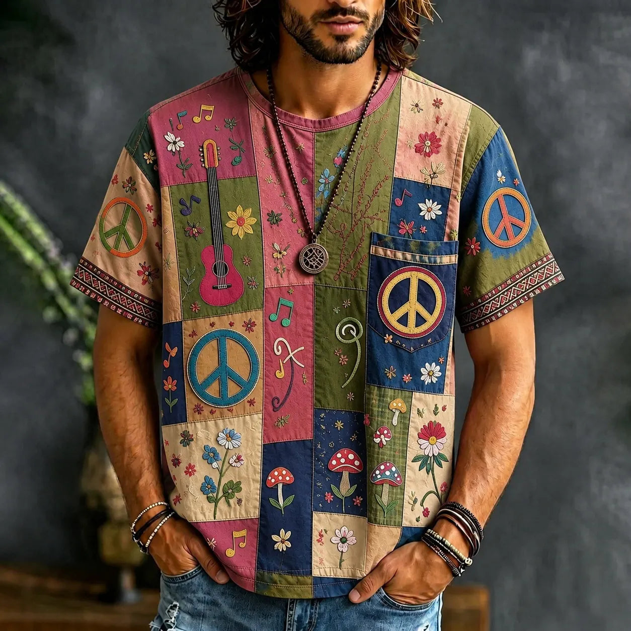 Men's Peace Sign And Guitar Hippie Patchwork Print Casual T-shirt