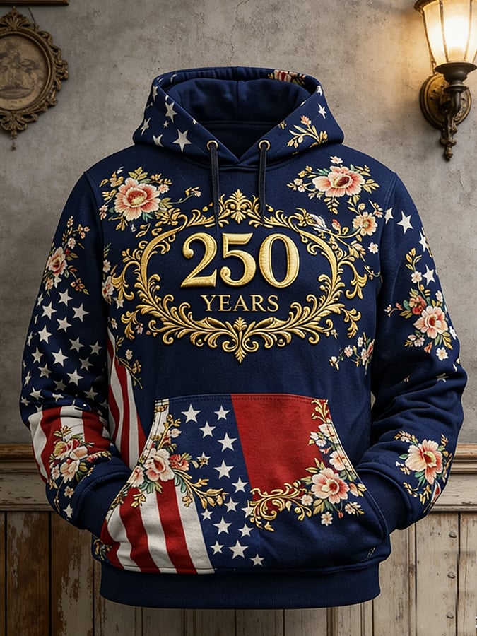 Men's Retro American 250th Anniversary Print Hooded Sweatshirt