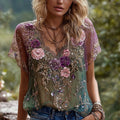 Women's Retro Purple Rose Floral Pattern Casual Shirt