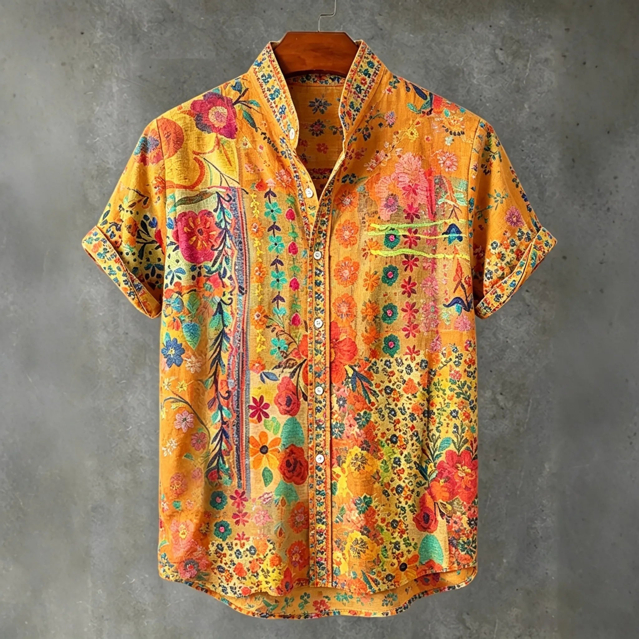 Abstract Hippie Colorful Bohemian Floral  Art Print Men's Short Sleeve Button Up Shirt