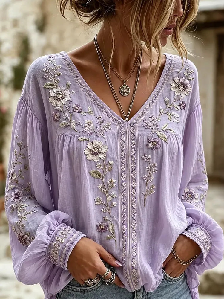 Women's Floral Embroidery Art Flowy Linen Blend Long Sleeve Casual Tops
