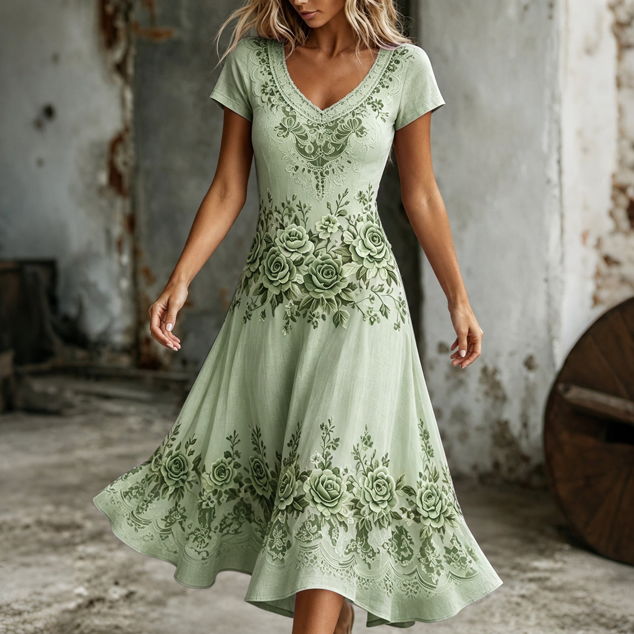 Women's Retro Purple Rose Embroidery Art V Neck Short Sleeve Midi Dress