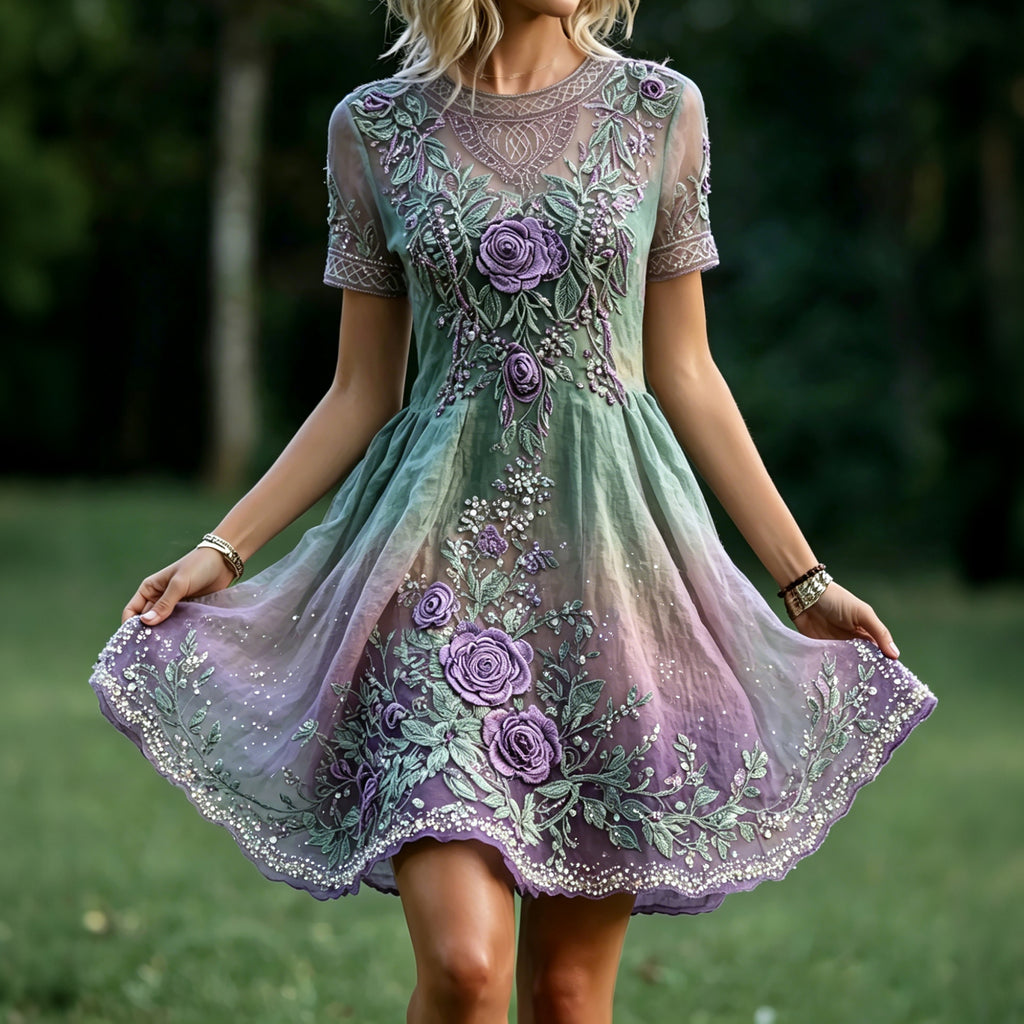Women's Vintage Celtic Knot Floral Art Print Linen Crew Neck Short Sleeve Midi Dress