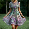 Women's Vintage Celtic Knot Floral Art Print Linen Crew Neck Short Sleeve Midi Dress