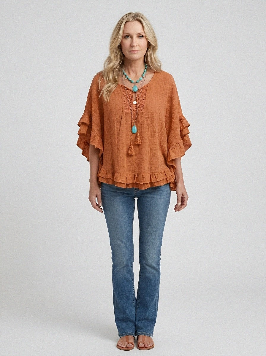 Women's Western Vintage Boho Lace Trim Ruffled Printed Top
