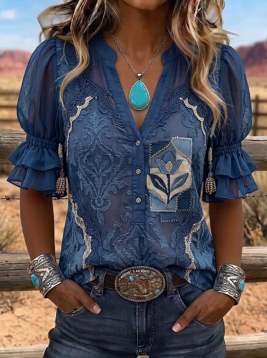 Women's Western Vintage Floral Patchwork Printed Blouse