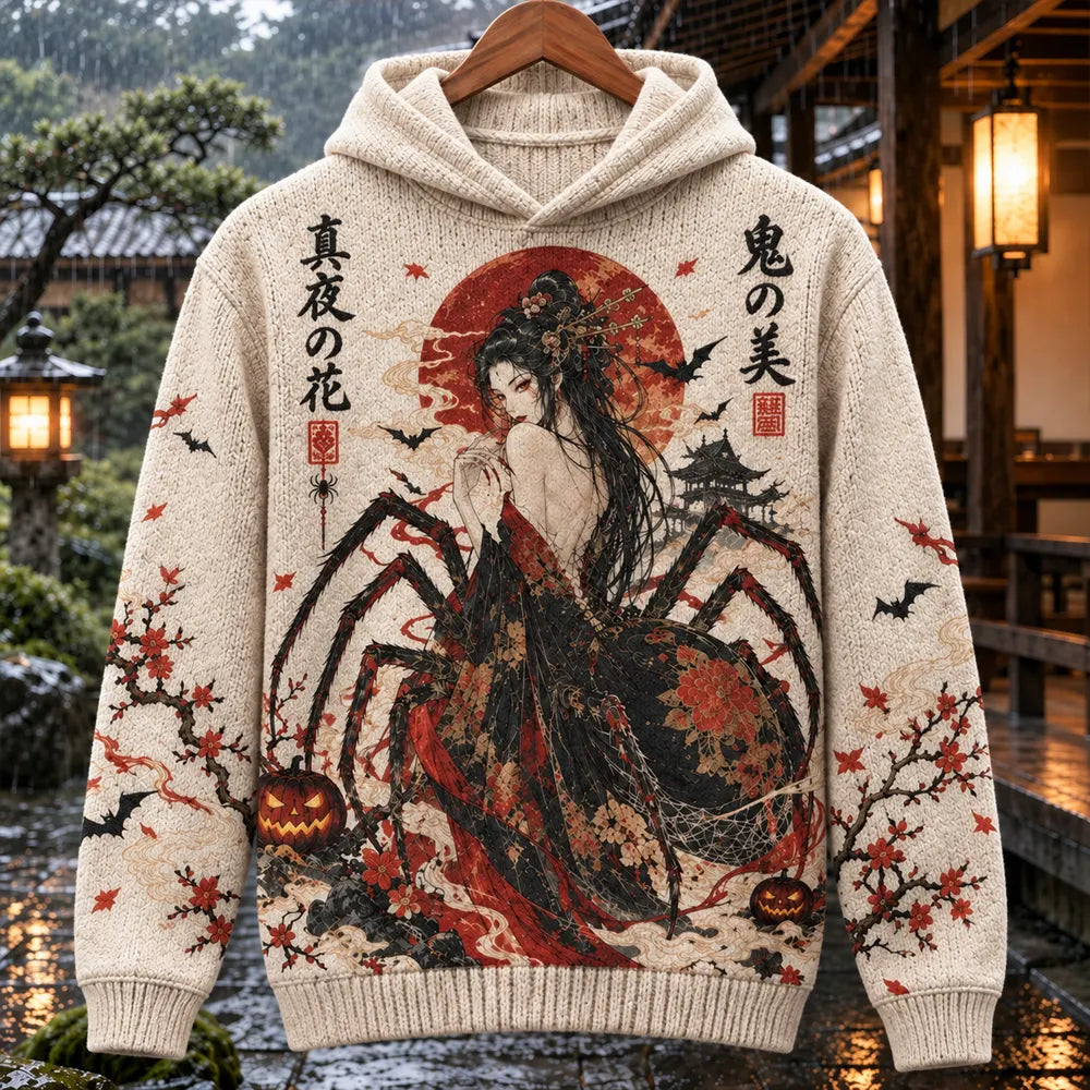 Men's Japanese Ukiyo-e Spider Woman Pumpkin Halloween Knitted Hoodie