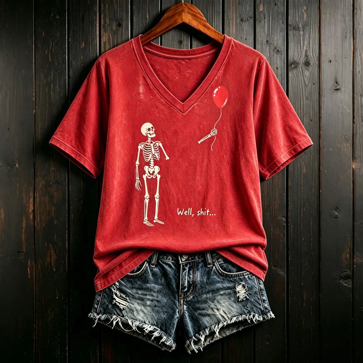 Women's Vintage Skeleton Lost Balloon Well Shit Funny Skeleton Graphic Print Casual T-shirt