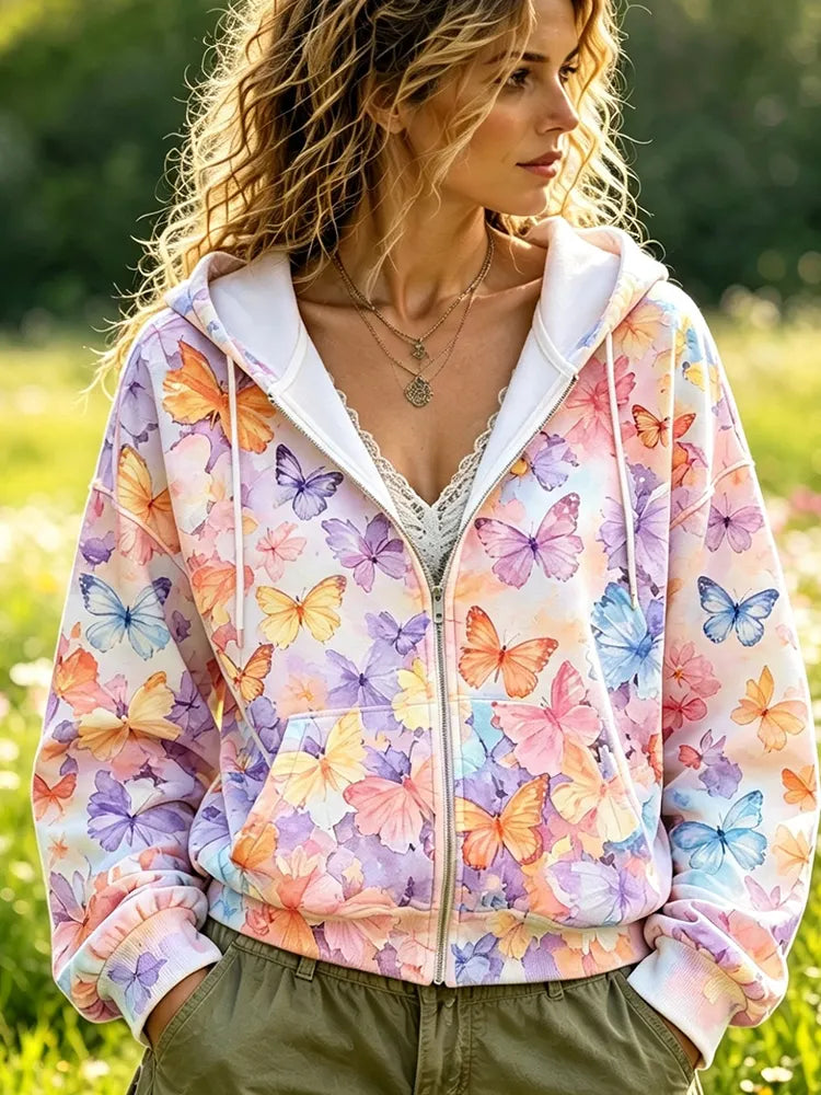 Women's Casual Zip-up Hoodie - Colorful Watercolor Butterflies Print Long Sleeve Sweatshirt