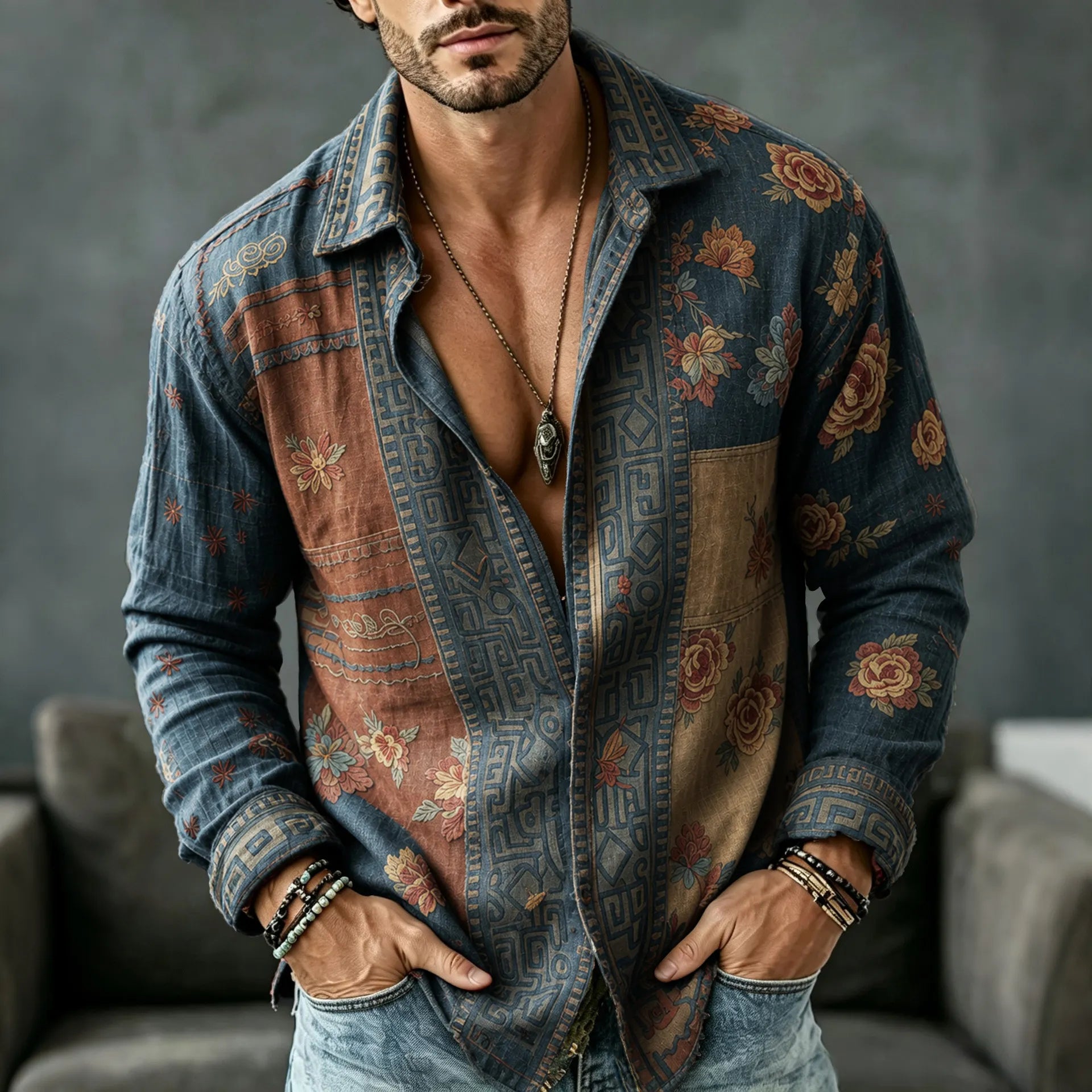 Men's Vintage Floral  Patchwork Embroidered Art Print Flowy Linen Blend Casual Shirt