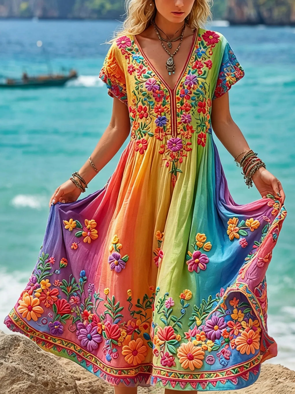 Women's Retro Hippie Floral Embroidered Cotton Linen V-neck Short Sleeve Long Dress