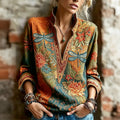 Women's Hippie Floral And Dragonfly In Patchwork Pattern Art Embroidered Linen Blend Long Sleeve Shirts