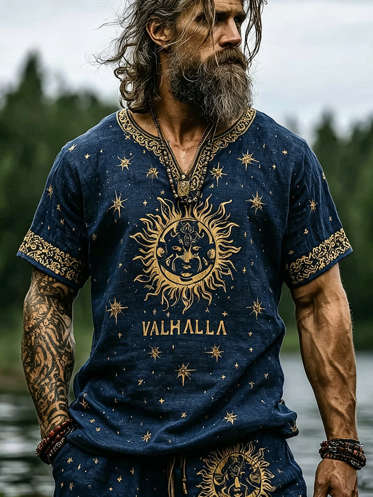 Men's Retro Outdoor Sun And Moon Print Cotton Linen T-shirt