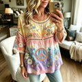Women's Retro Peace Symbol Casual Crew Neck Cotton Linen T-shirt