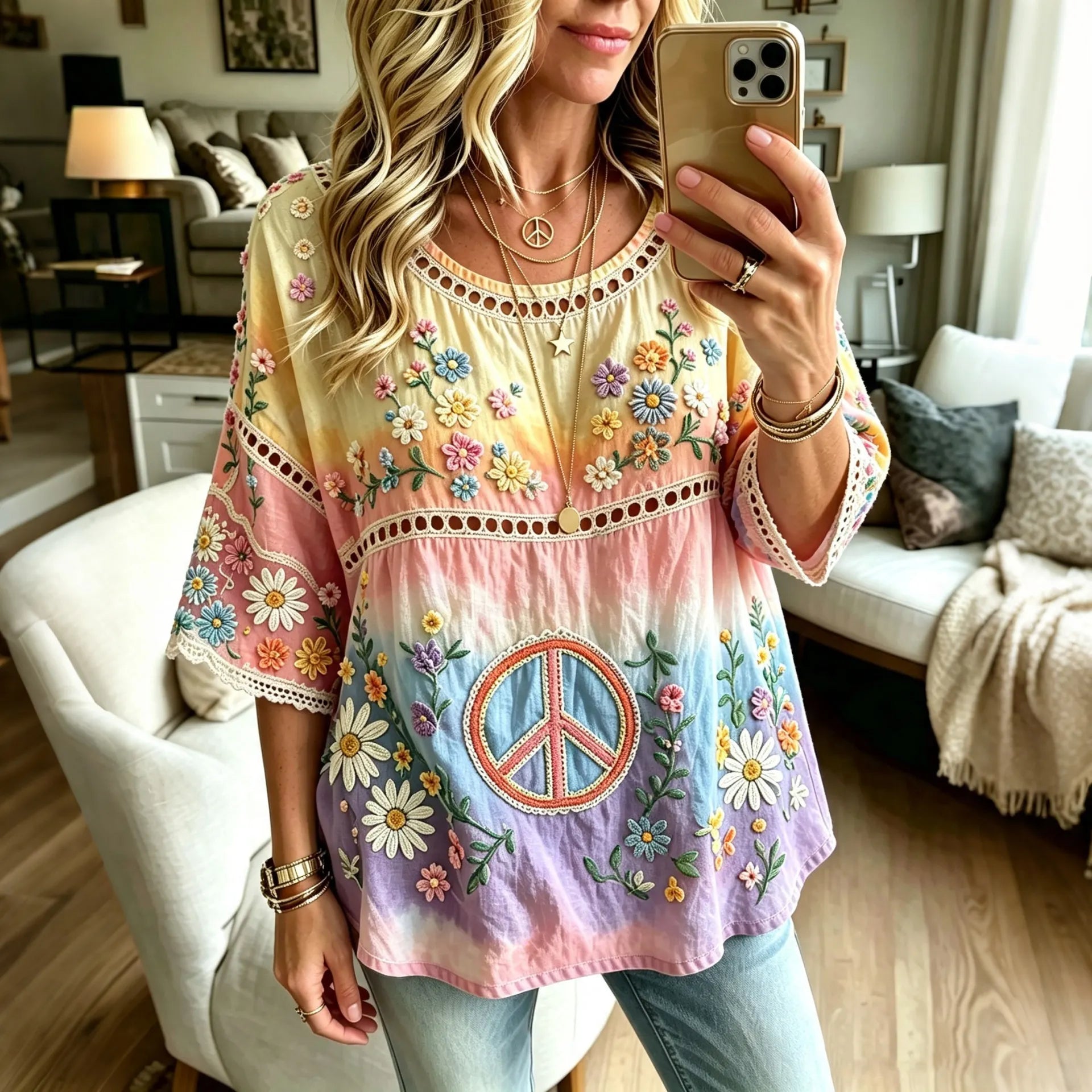 Women's Retro Peace Symbol Casual Crew Neck Cotton Linen T-shirt