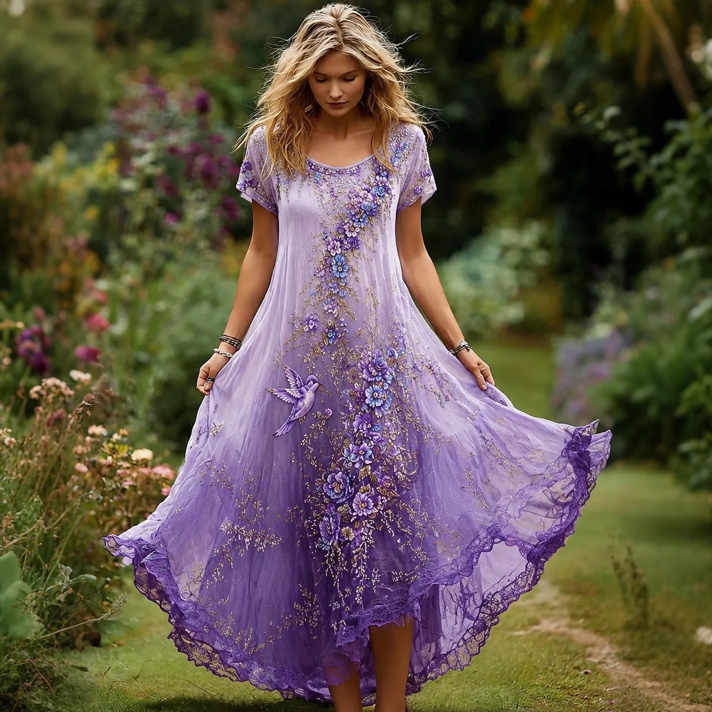 Women's Purple Floral & Hummingbird Print Alzheimer's Awareness Casual Dress