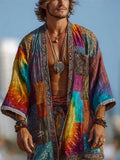 Men's Vintage Hippie Tie Dye Patchwork Linen Cardigan