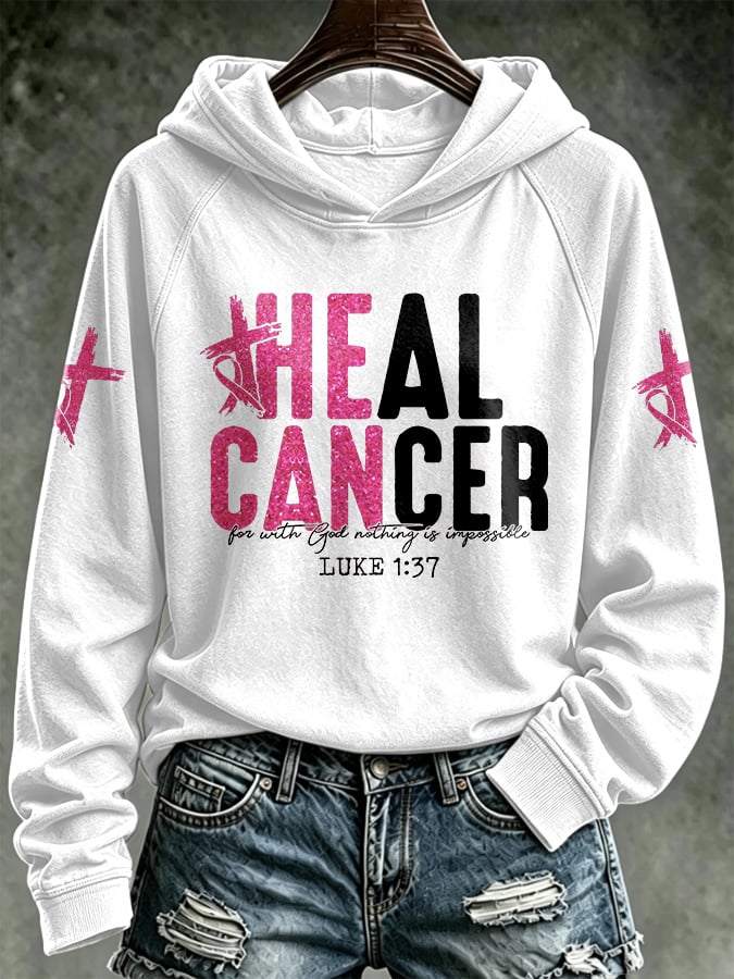 Retro Breast Cancer Awareness Heal Cancer: For With God Nothing Is Impossible Luke 1:37 Print Hoodie