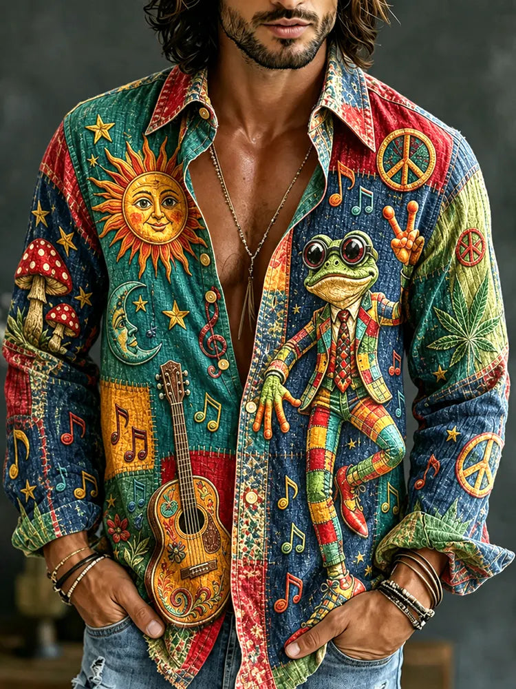 Men's Boho Frog Music Patchwork Psychedelic Peace & Sun Moon Art Long-sleeved Cotton And Linen Shirt