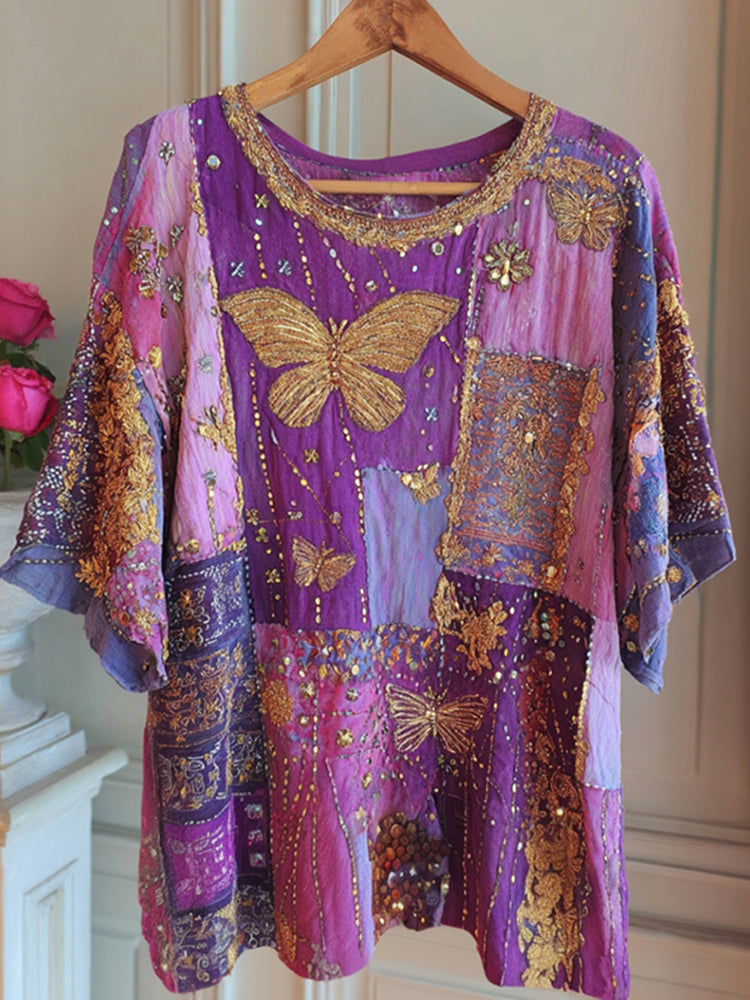 Women's Bohemian Style Butterfly And Patchwork Art Linen Blend Crew Neck T-shirt