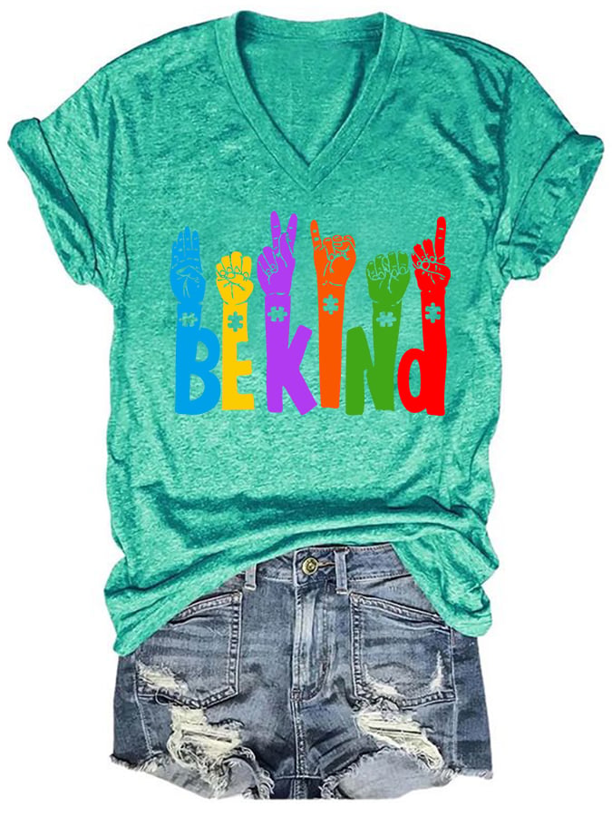Women's Be Kind Print Autism Awareness V-Neck T-Shirt