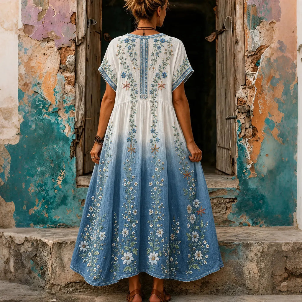 Women's Retro Hippie Floral Pattern Art Embroidered Linen Blend Maxi Dress