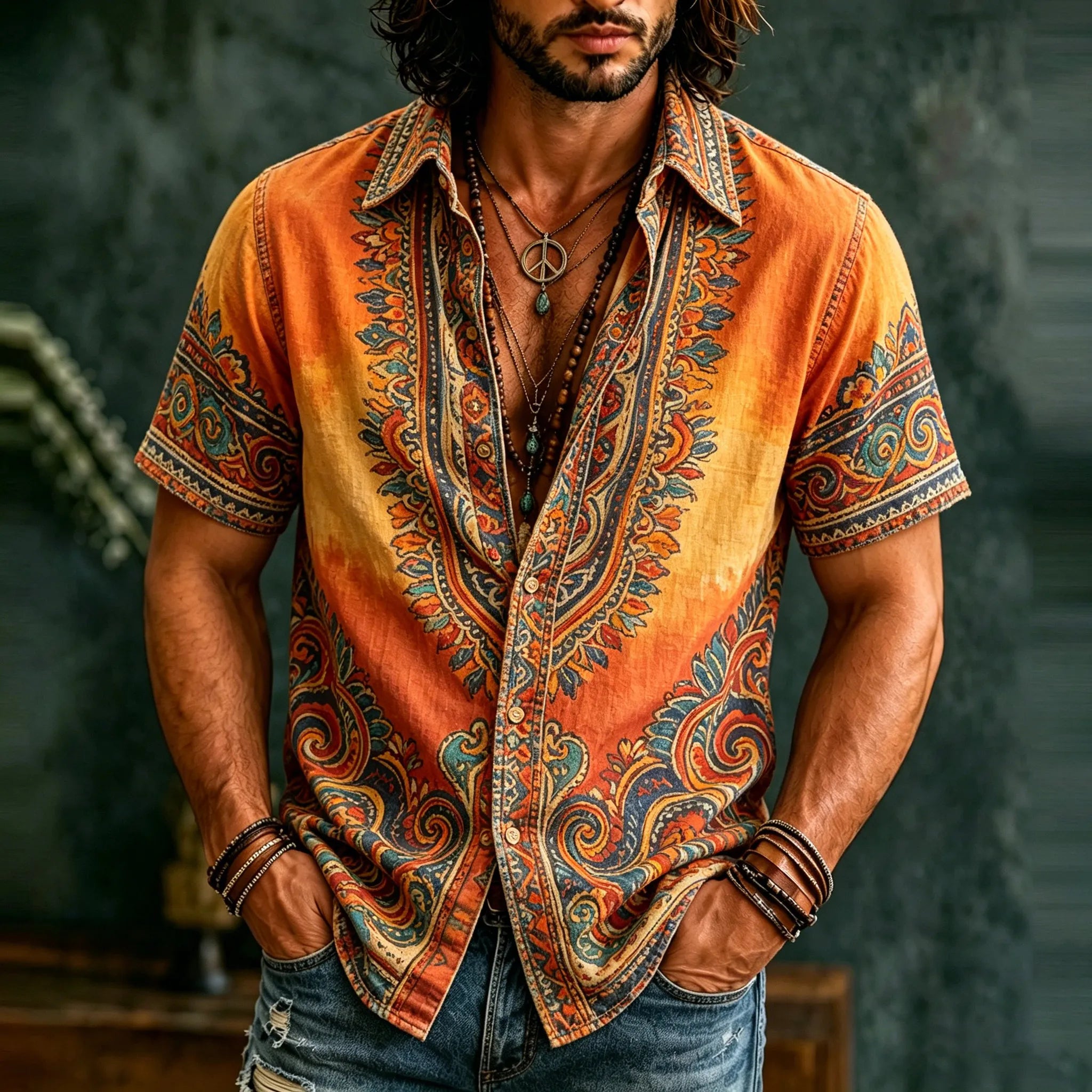 Men's Retro Hippie Ethnic Graffiti Art Pattern Casual Washed Shirt