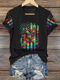 Women’s Retro Autism Awareness Colorful Puzzle Pieces Ribbon American Flag Print V-Neck T-Shirt