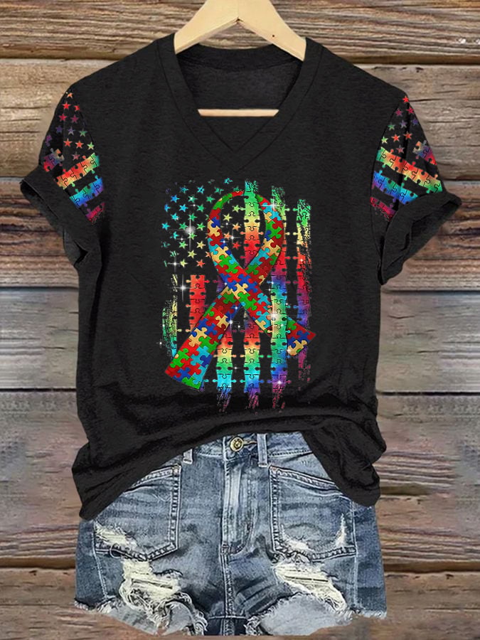 Women’s Retro Autism Awareness Colorful Puzzle Pieces Ribbon American Flag Print V-Neck T-Shirt
