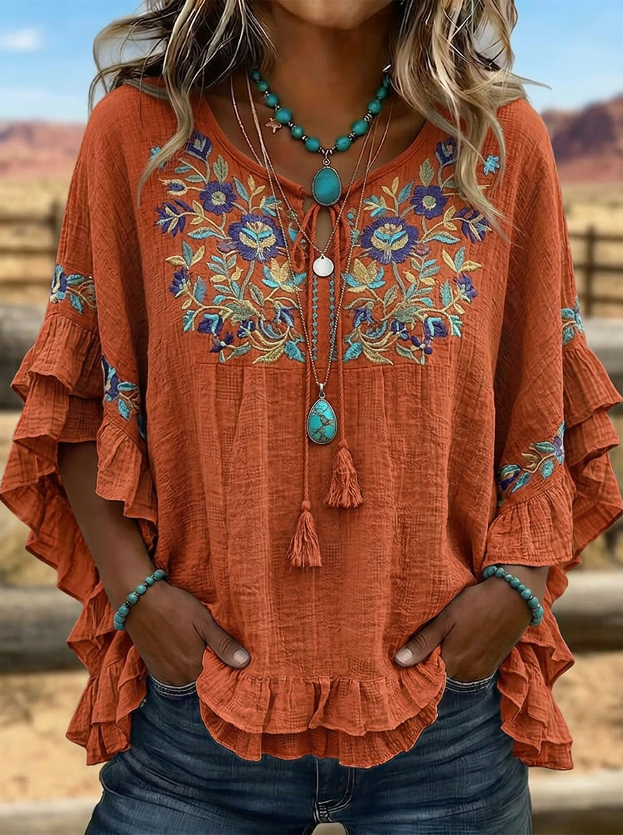 Women's Western Vintage Floral Embroidered Ruffle Sleeve Top