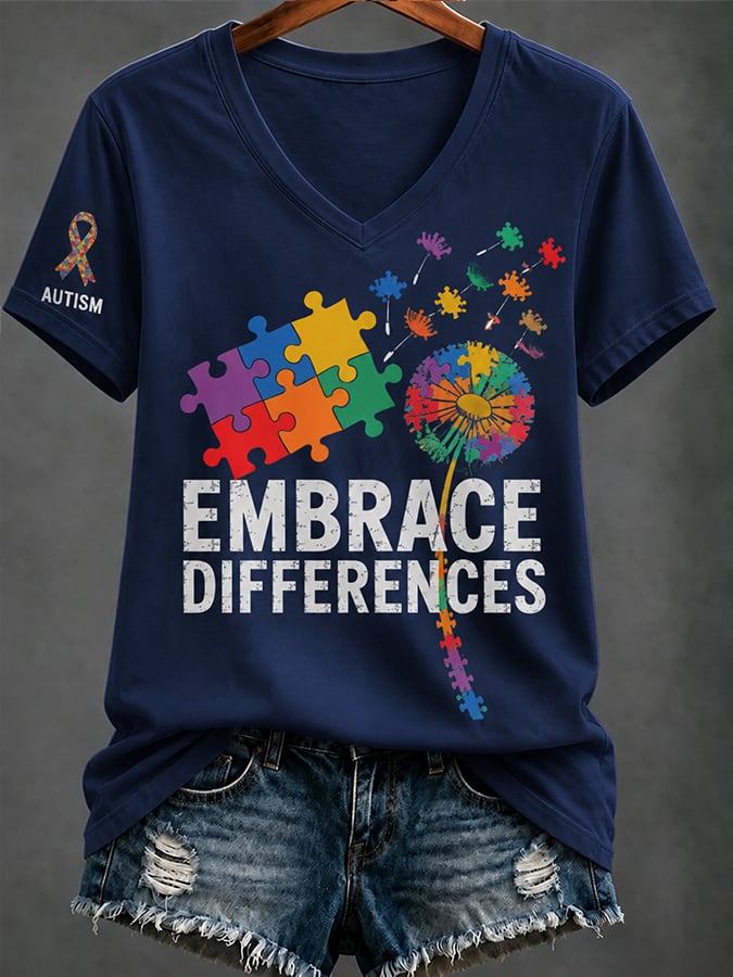 Women'S Casual V-Neck Top With Autism Awareness Print