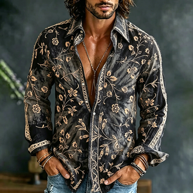 Men's Spring Floral In Tie Dye Embroidered Art Print Flowy Linen Blend Casual Shirt