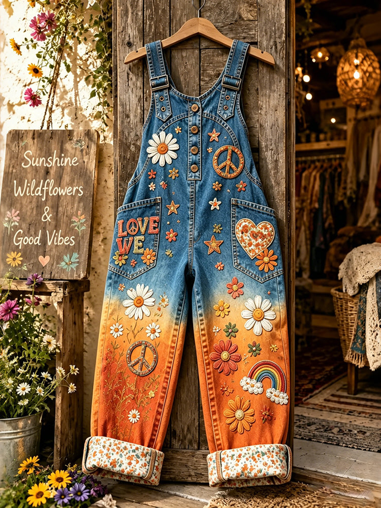 Women's Retro Floral Hippie Print Casual Cotton Linen Overalls