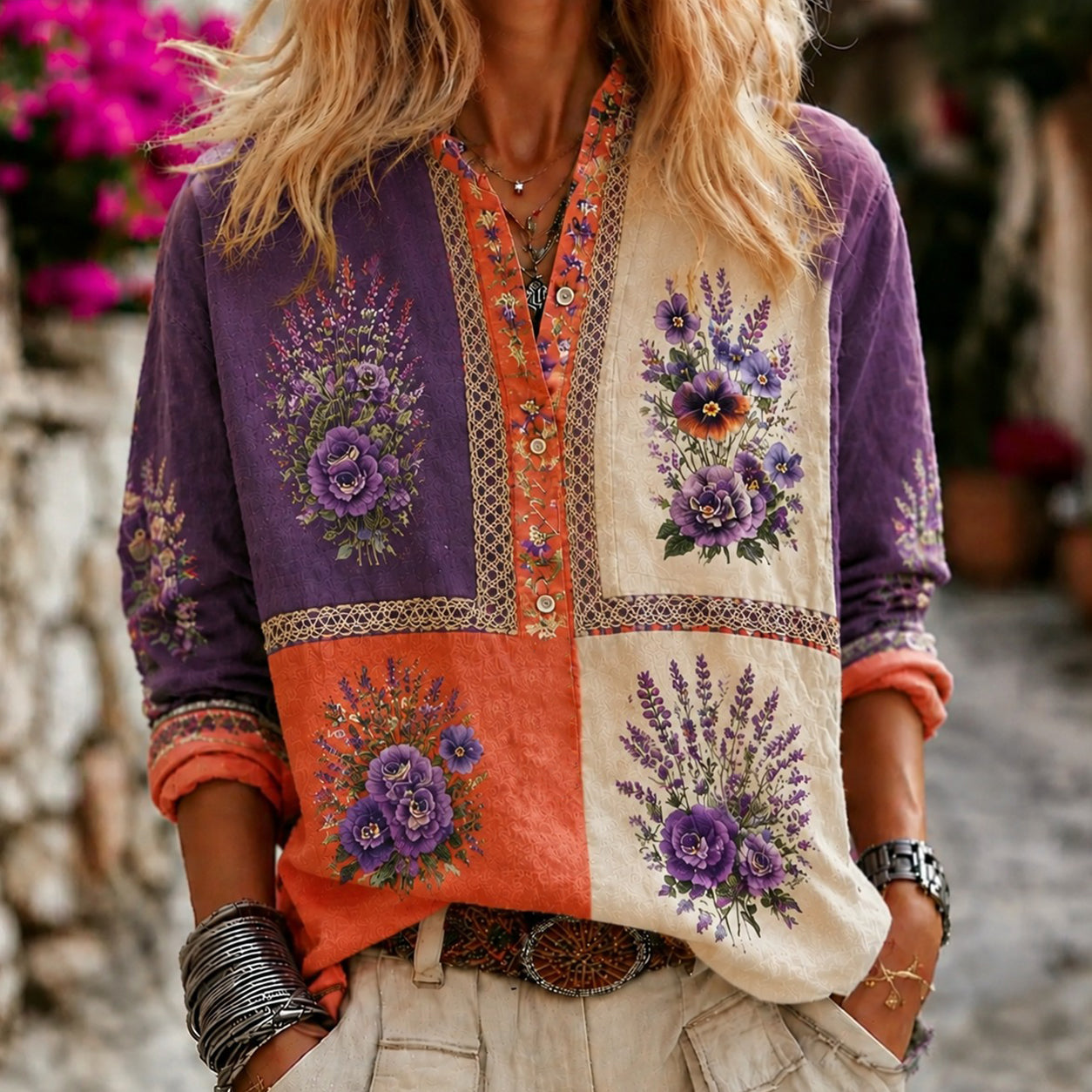 Women's Retro Purple Floral Color-blocked Casual Long-sleeved Shirt