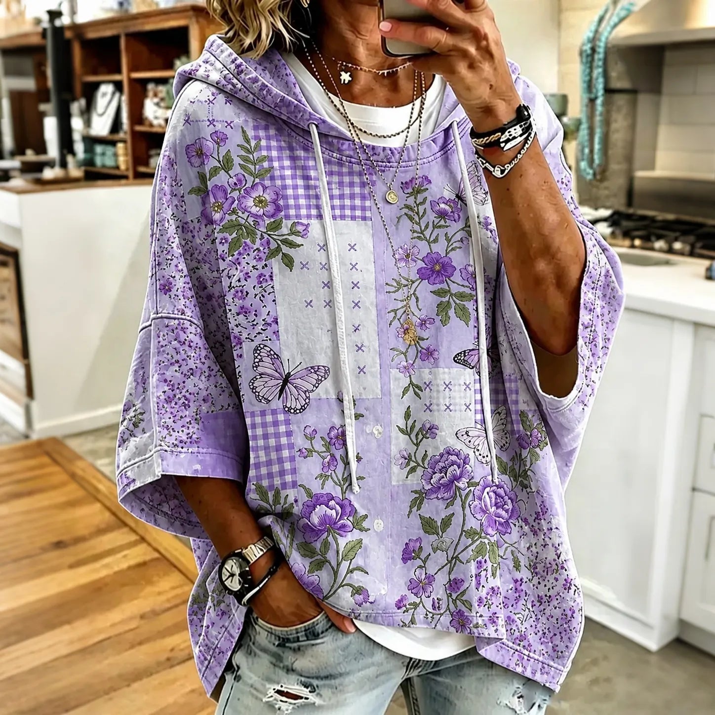 Women's Vintage Floral And Butterfly Geometric Patterns Print Hooded Sweatshirt