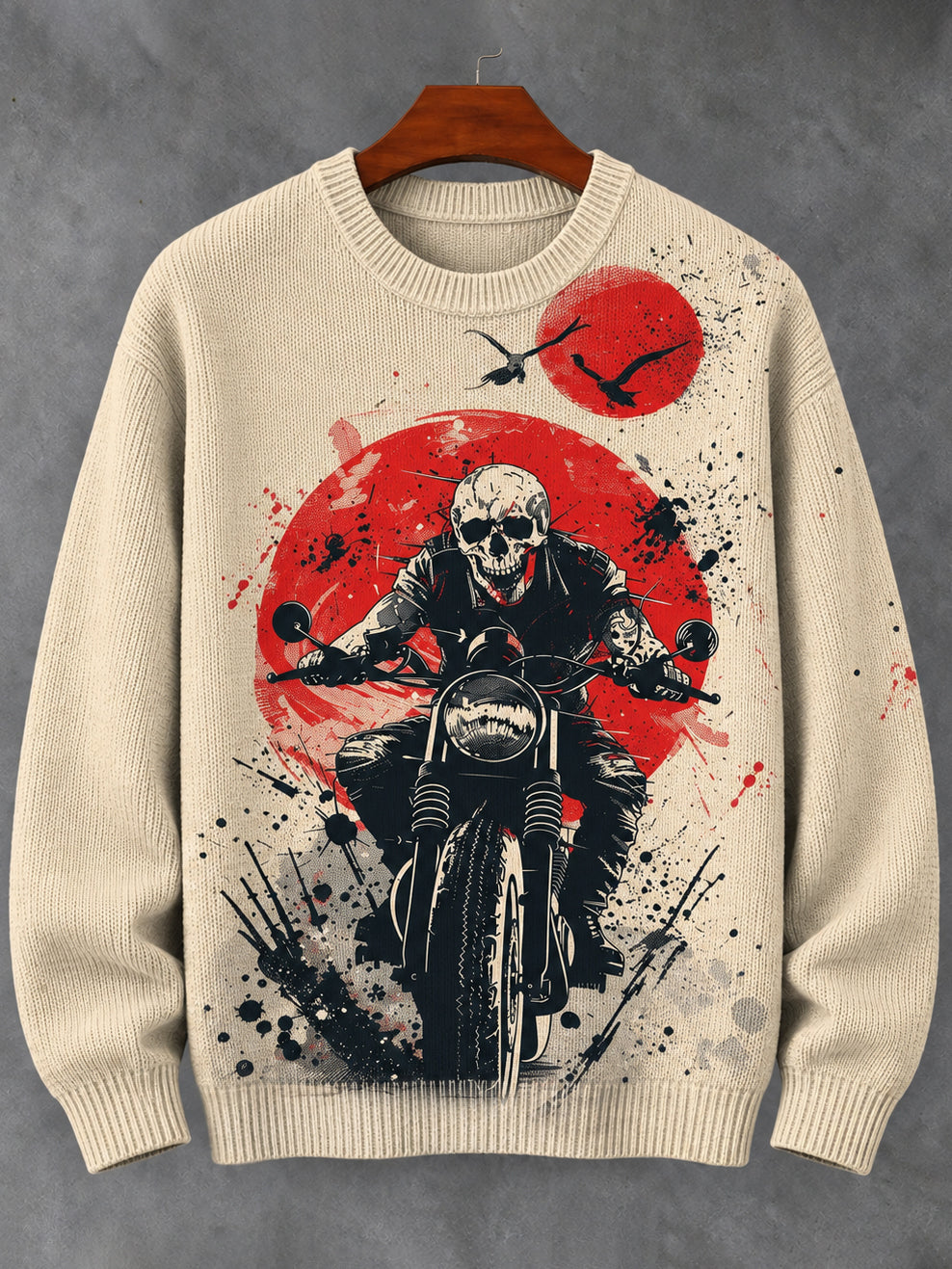 Men's Retro Skull Art Print Crew Neck Cozy Knit Sweater