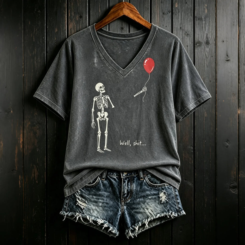 Women's Vintage Skeleton Lost Balloon Well Shit Funny Skeleton Graphic Print Casual T-shirt