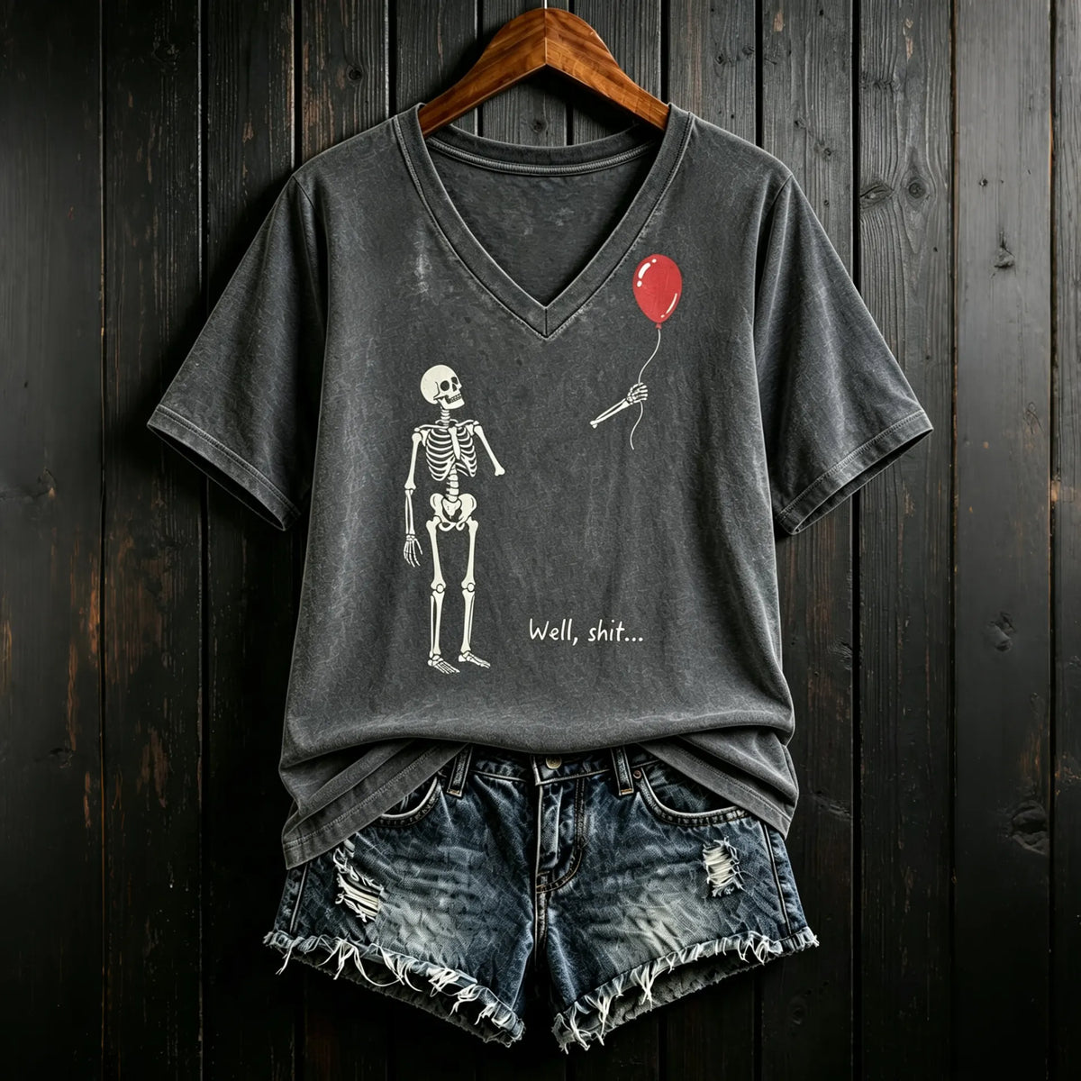 Women's Vintage Skeleton Lost Balloon Well Shit Funny Skeleton Graphic Print Casual T-shirt