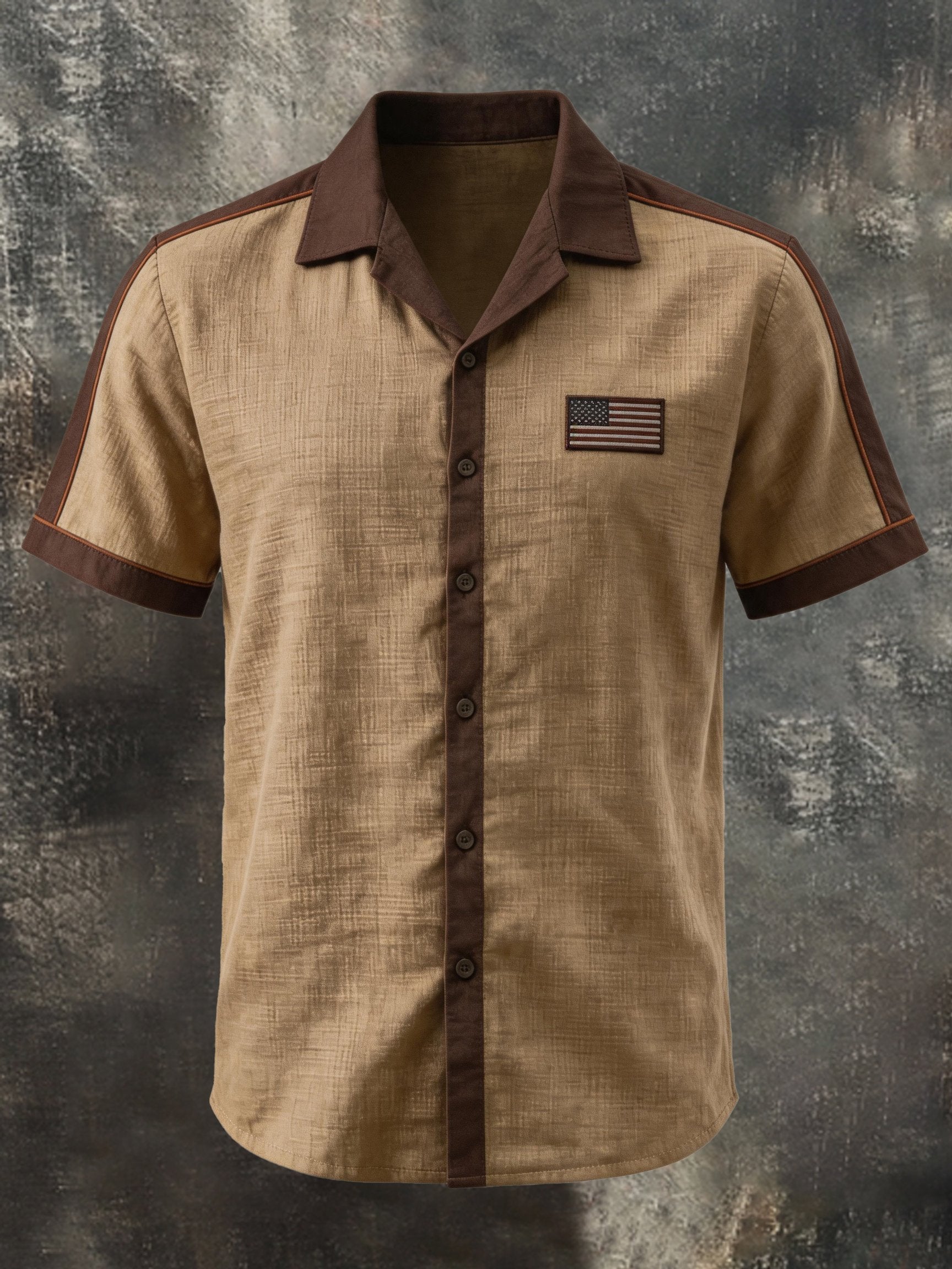 Men's Retro Cotton-Linen Patriot Color-Block Short-Sleeve Shirt