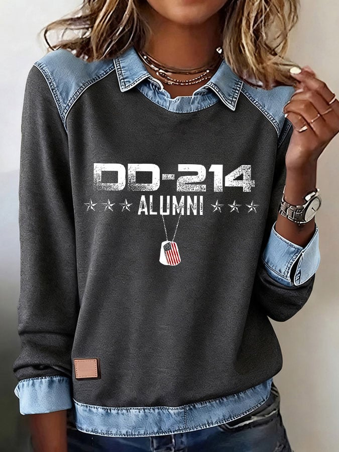 Women's Veteran Print Lapel Long Sleeve Top