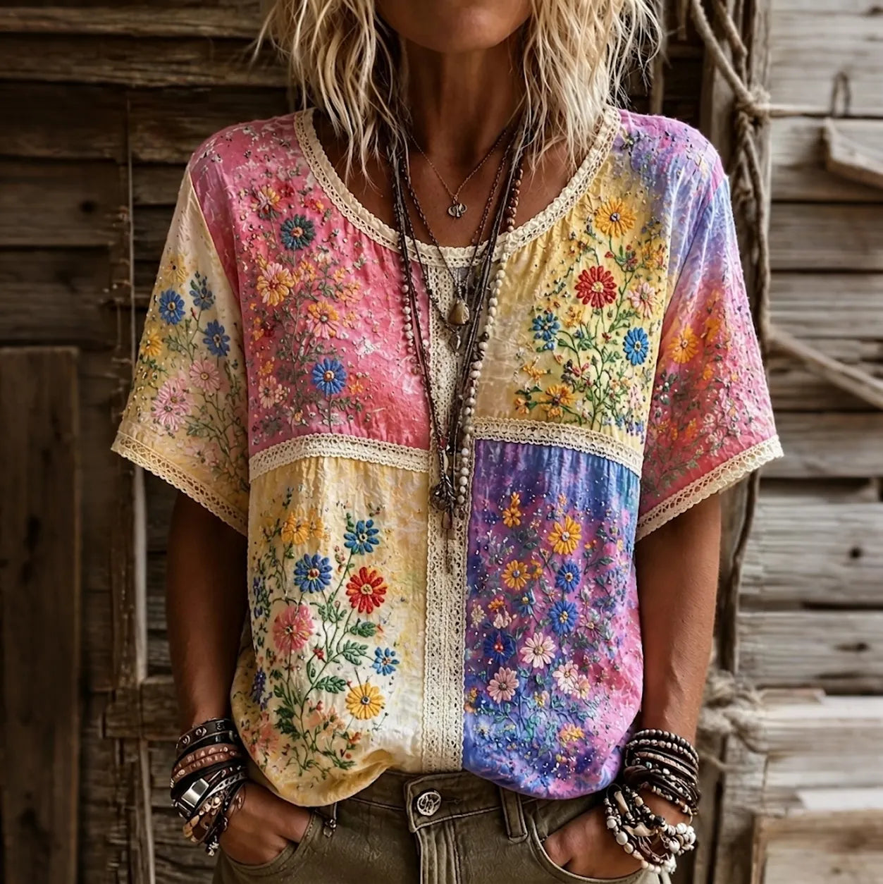 Women's Retro Hippie Floral Patchwork Art Linen Blend Short Sleeve Tops