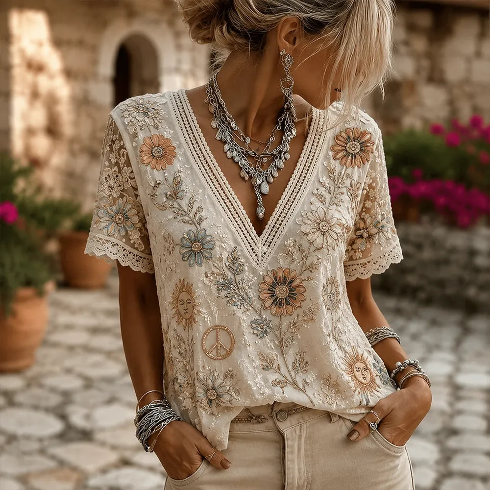Women's Boho V-neck Sun, Peace Sign & Floral Heavy Embroidered Short-sleeve Top