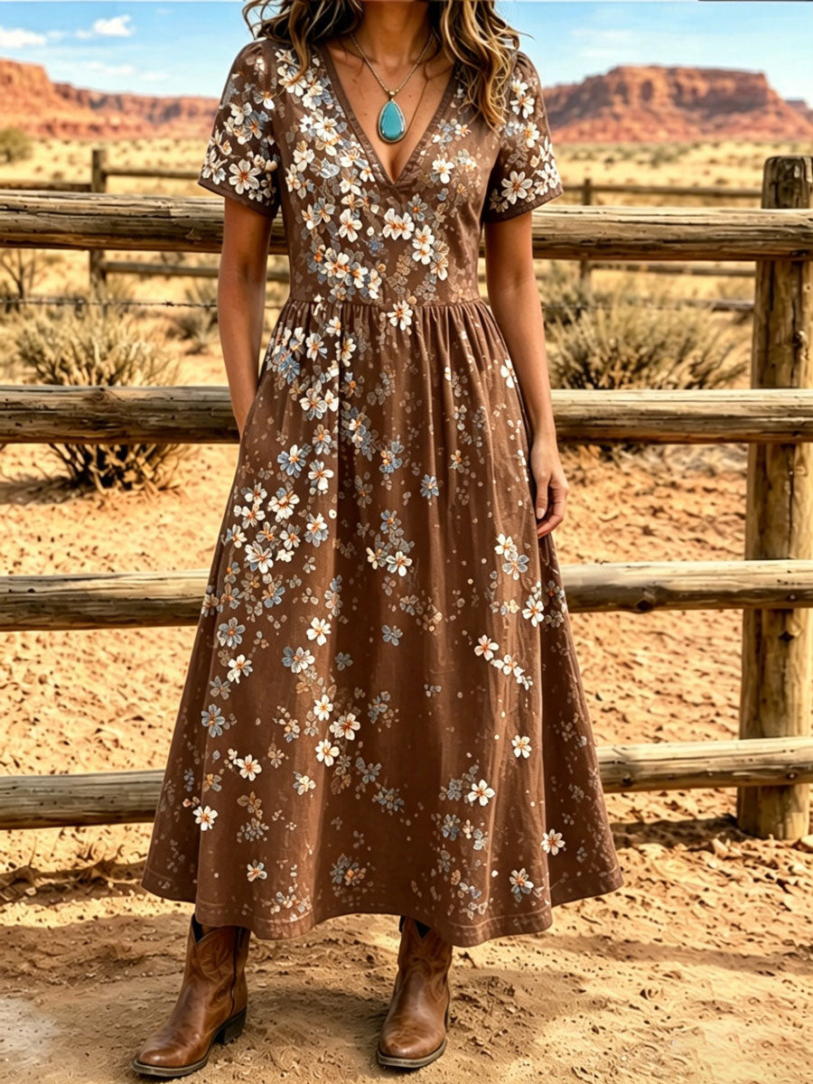 Women'S Western Style V-Neck Short Sleeved Floral Pattern Dress