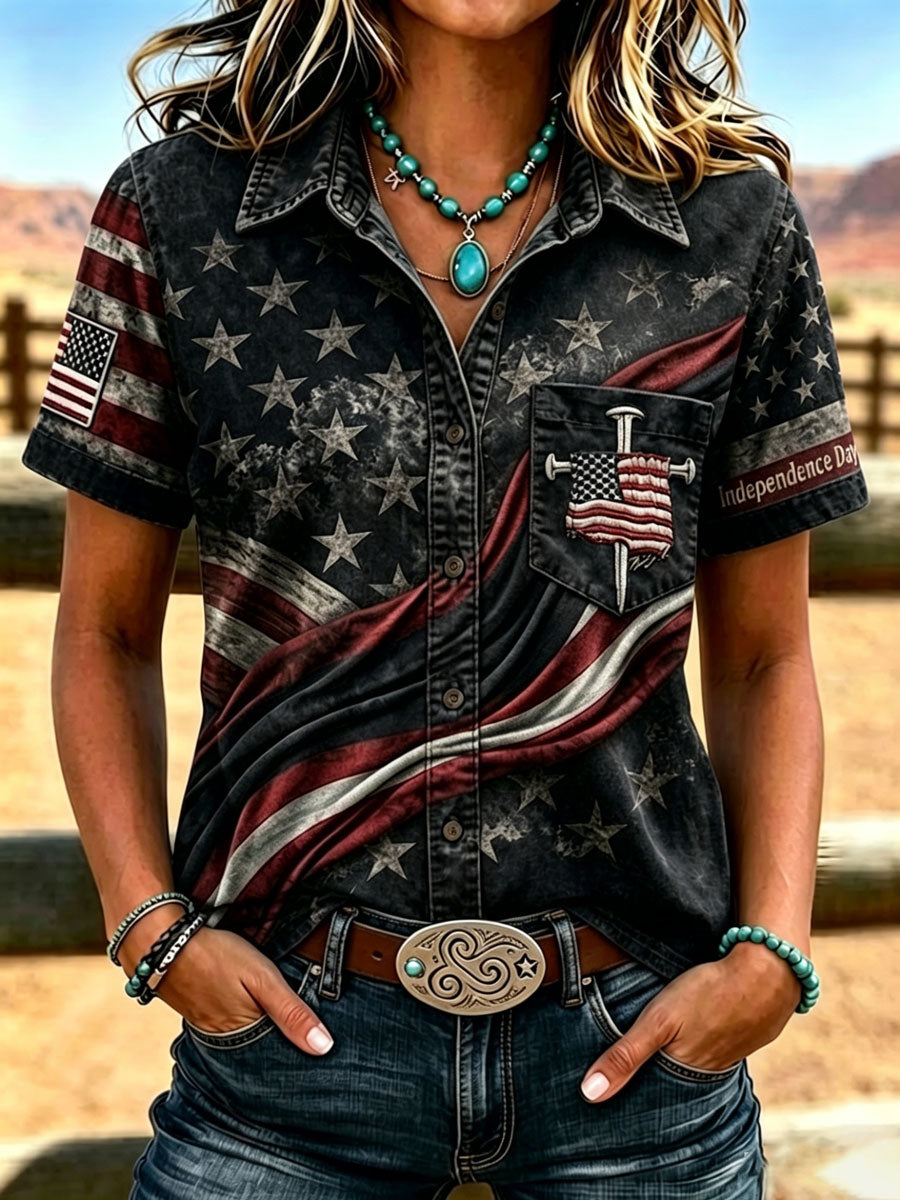 Women's Western-style vintage shirt with flag pattern