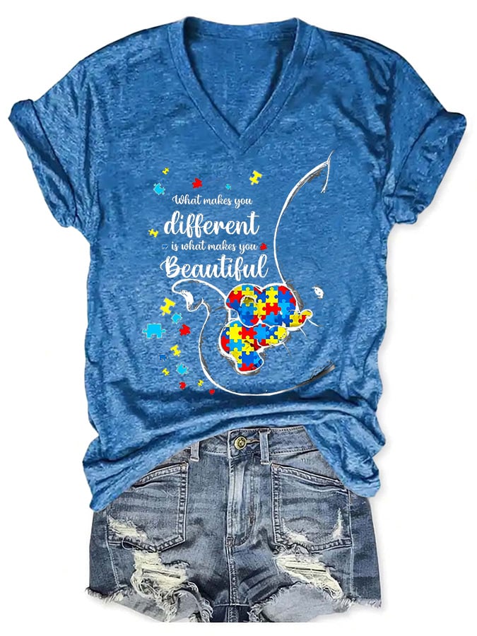 V-neck Autism Awareness What Makes You Different Print T-Shirt