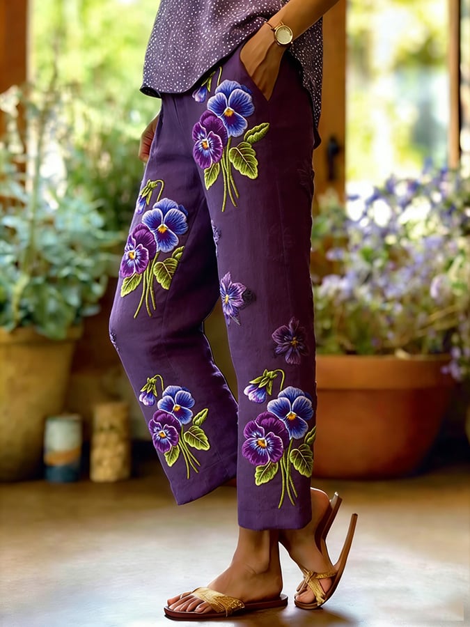 Women's Botanical Floral Design Loose Pocket Patchwork Casual Pants
