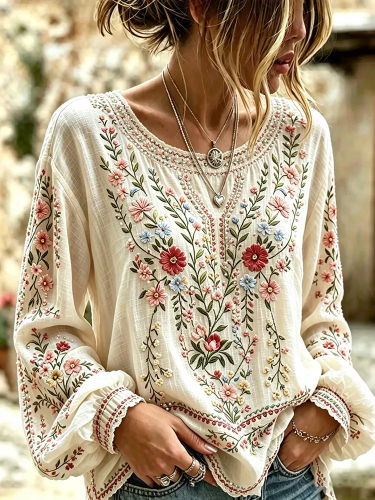 Women's Vintage Boho Floral Art Cotton Linen Casual Long Sleeve T-shirt