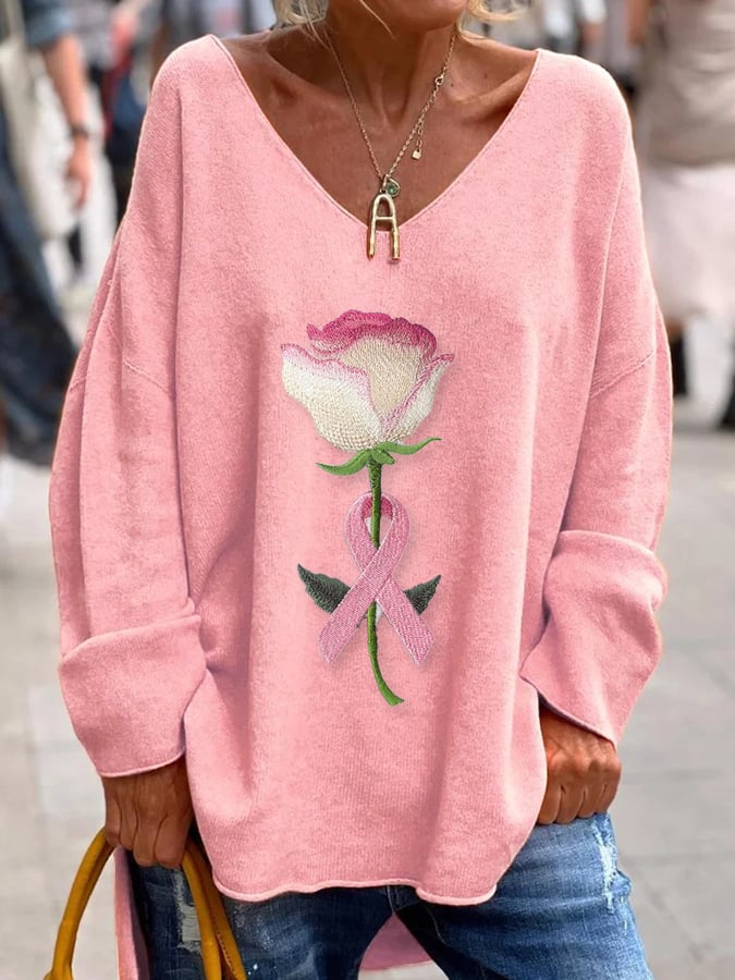 Women's Pink Breast Cancer Floral Print Loose Top