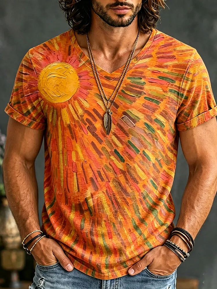 Men's Hippie Colorful Sun Print V-neck T-shirt